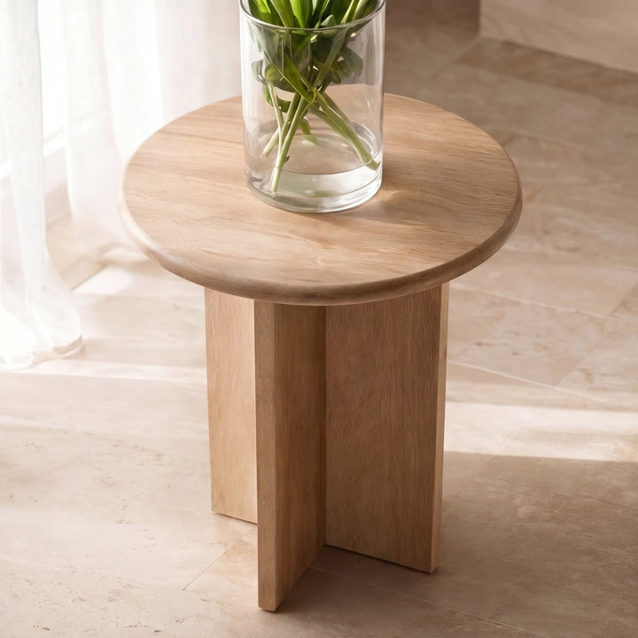 Minimalist Round Side Table in Natural Travertine with Intersecting Base for Compact Spaces