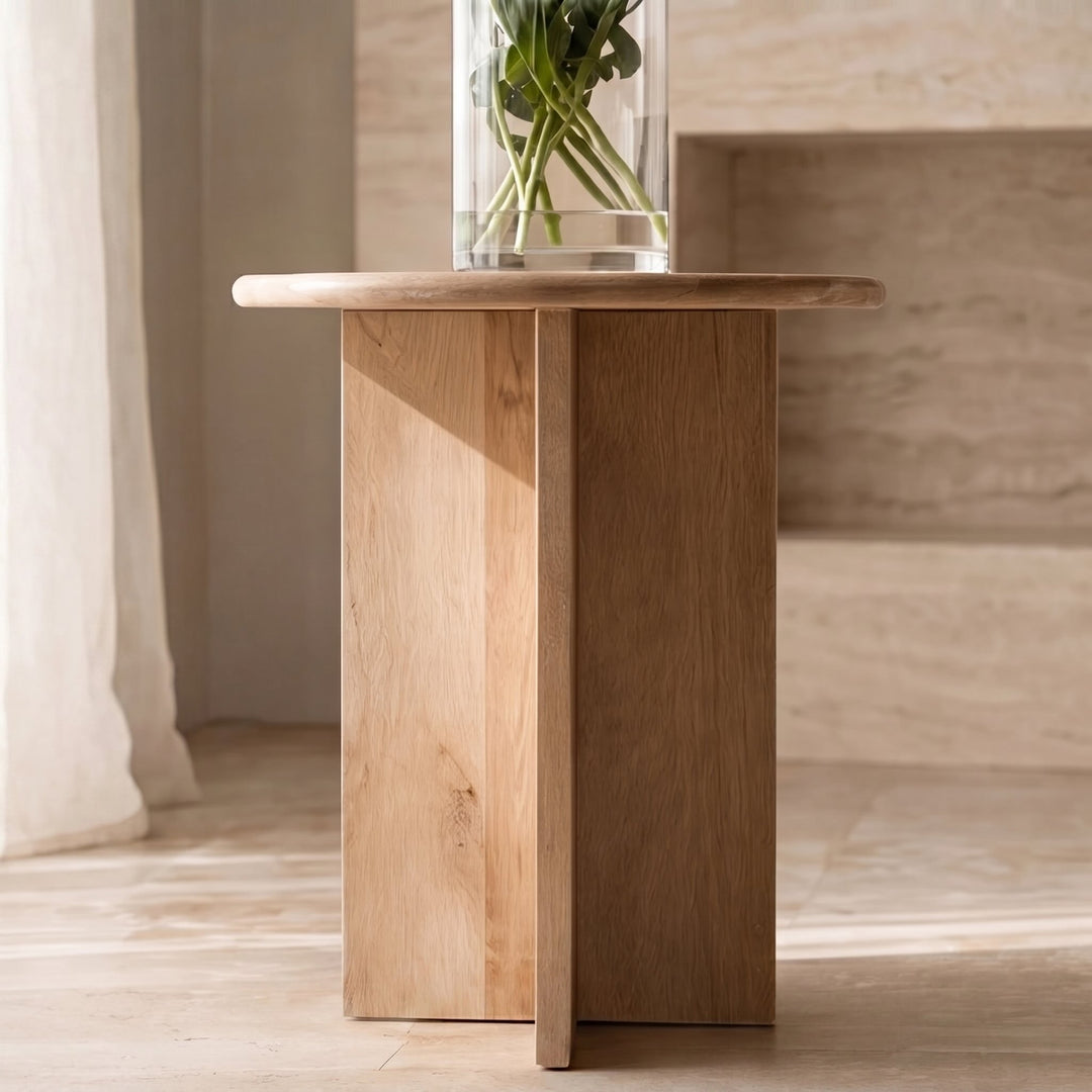 Minimalist Round Side Table in Natural Travertine with Intersecting Base for Compact Spaces
