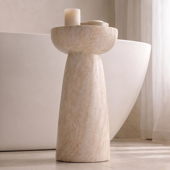 Modern Round Side Table Lightweight Design Faux Marble Finish Durable Glass Top