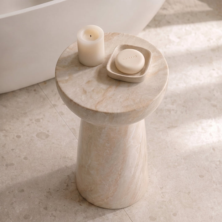 Modern Round Side Table Lightweight Design Faux Marble Finish Durable Glass Top