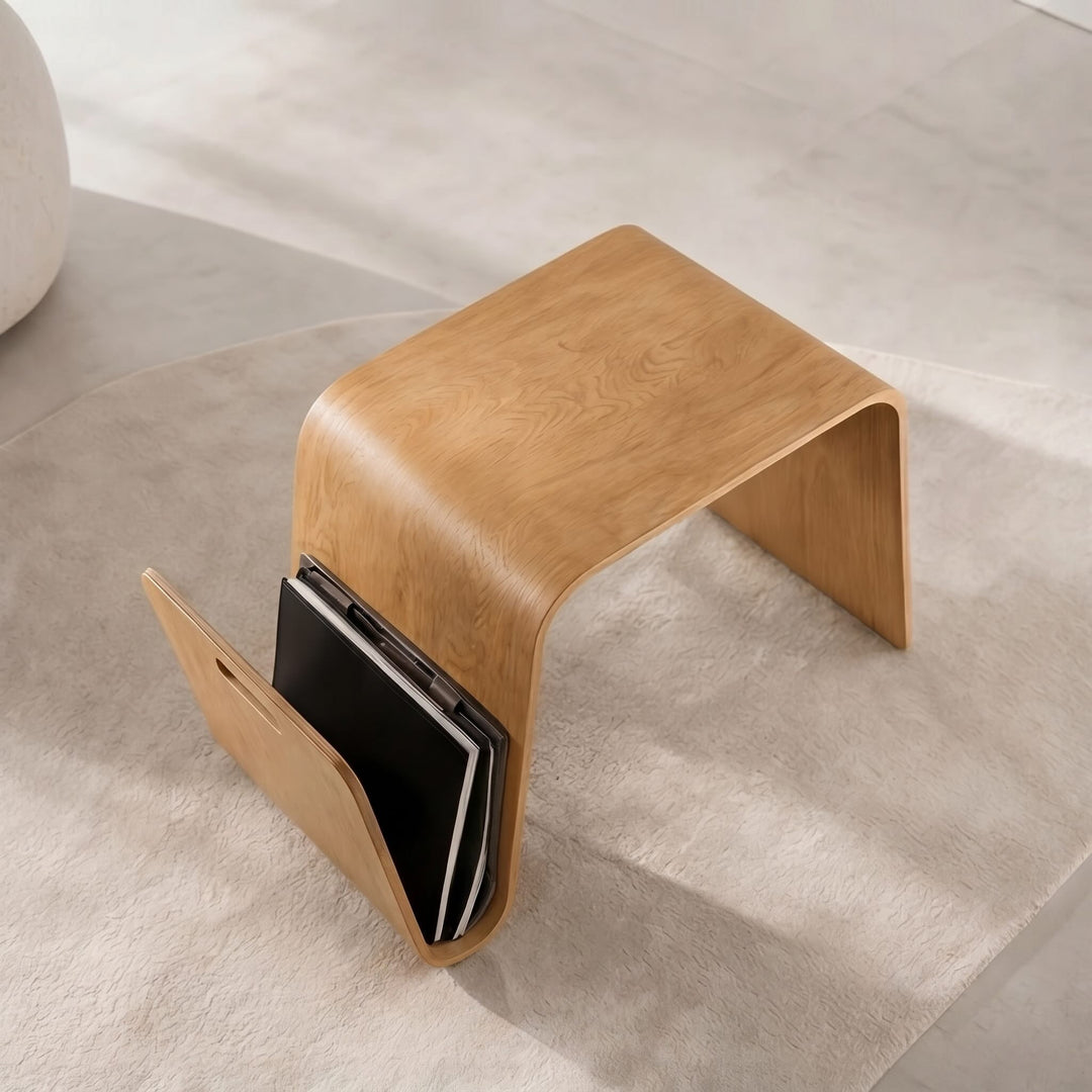 Modern Minimalist Bedside Table Solid Pine Wood Compact N-Shape with Open Shelf Storage