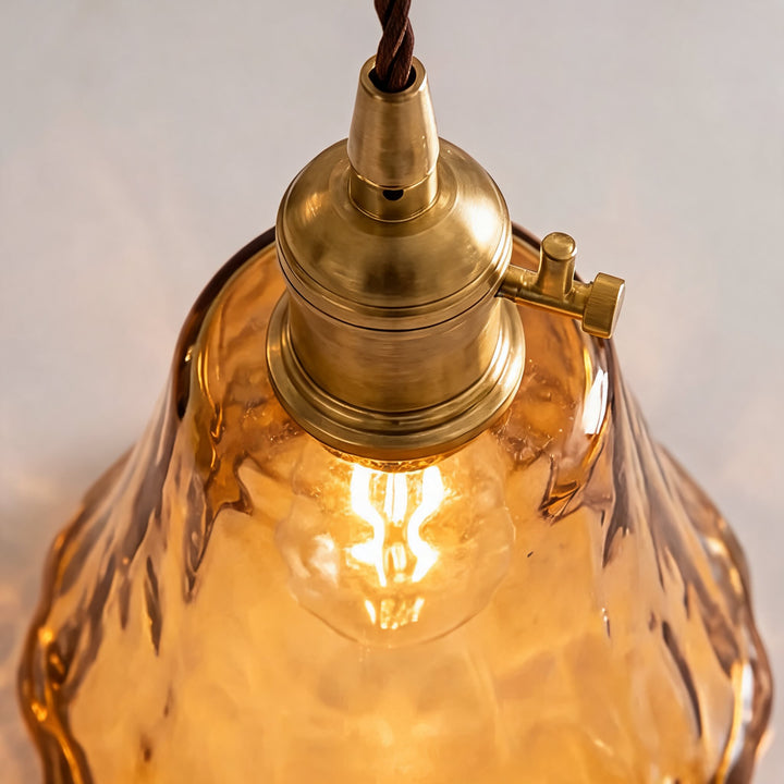 Vintage Brass Pendant Light with Adjustable Hanging Amber Glass Shade for Indoor Lighting