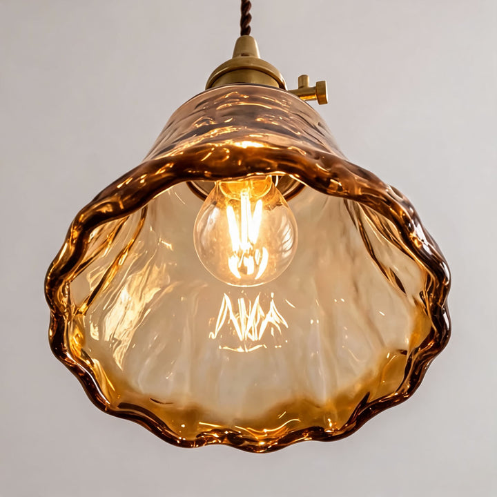 Vintage Brass Pendant Light with Adjustable Hanging Amber Glass Shade for Indoor Lighting