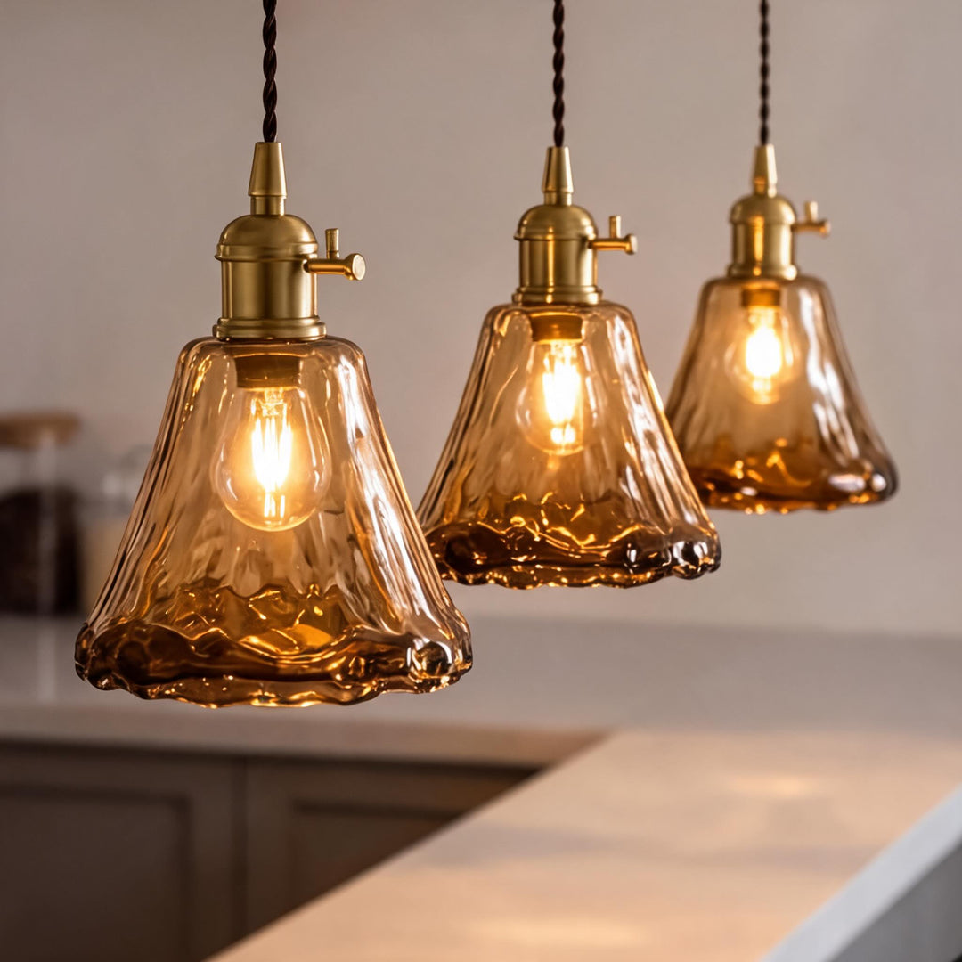 Vintage Brass Pendant Light with Adjustable Hanging Amber Glass Shade for Indoor Lighting