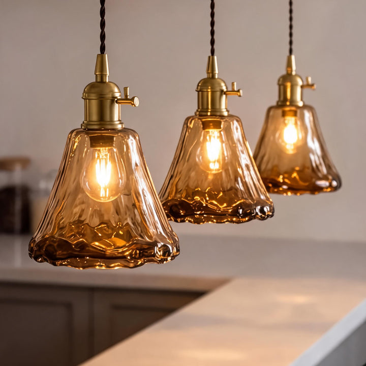 Vintage Brass Pendant Light with Adjustable Hanging Amber Glass Shade for Indoor Lighting