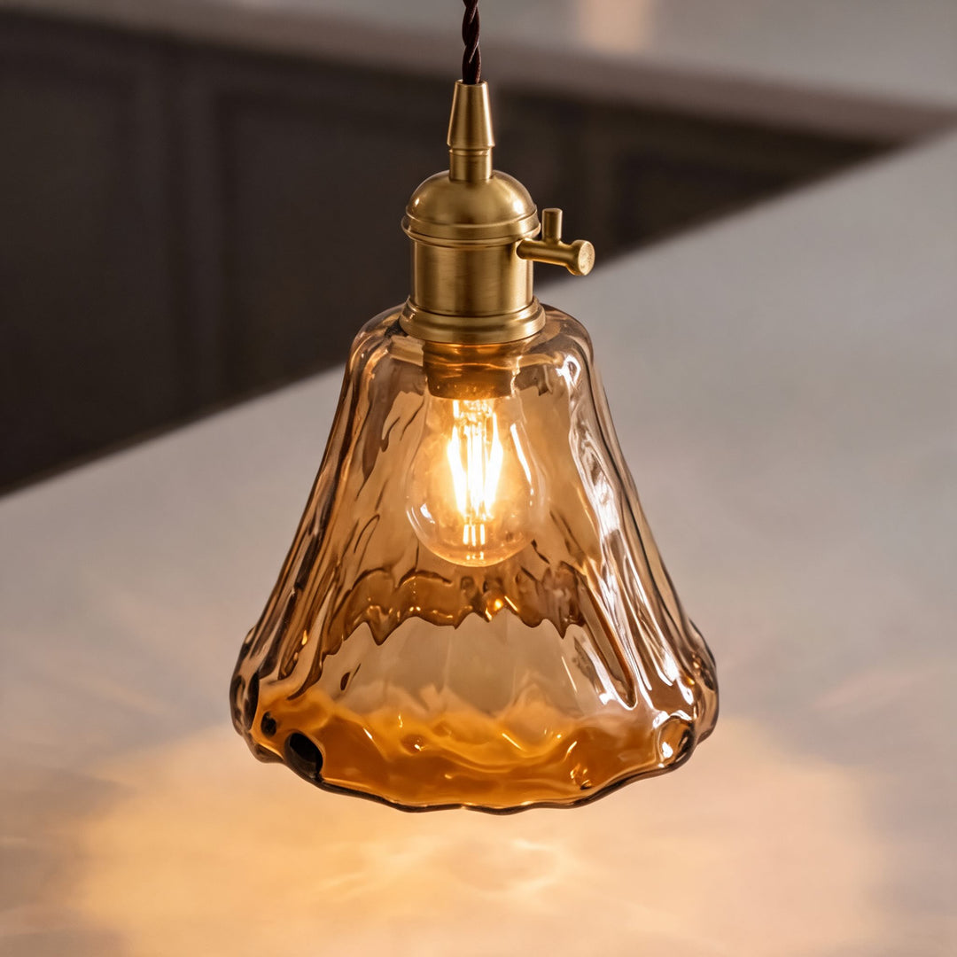 Vintage Brass Pendant Light with Adjustable Hanging Amber Glass Shade for Indoor Lighting