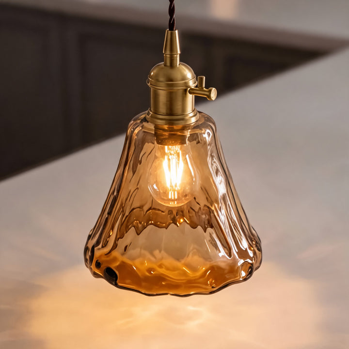 Vintage Brass Pendant Light with Adjustable Hanging Amber Glass Shade for Indoor Lighting