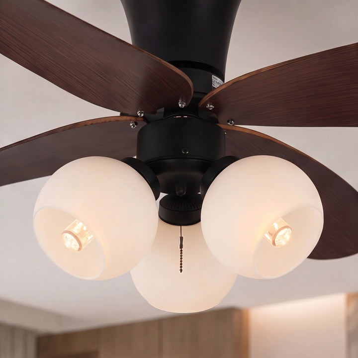 Modern Black Ceiling Fan with Lights Flush Mount Glass Shade Adjustable Speed for Indoor Use