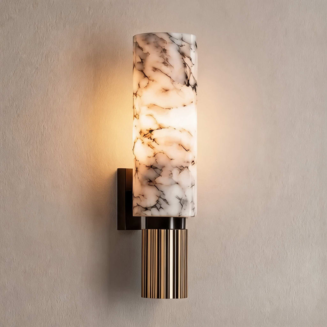 Contemporary Wall Light Wall Mounted Alabaster Cylinder Fluted Copper Base LED Sconce 38cm