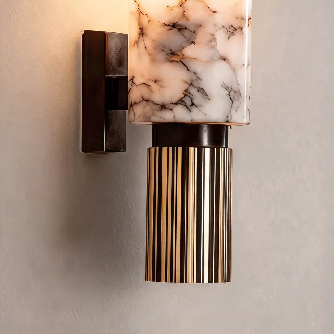 Contemporary Wall Light Wall Mounted Alabaster Cylinder Fluted Copper Base LED Sconce 38cm