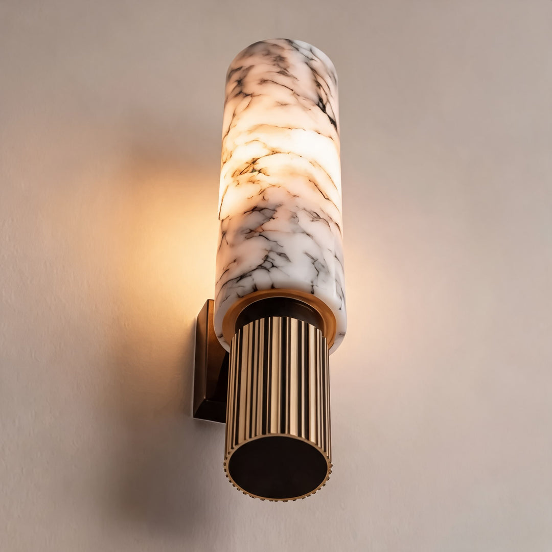 Contemporary Wall Light Wall Mounted Alabaster Cylinder Fluted Copper Base LED Sconce 38cm