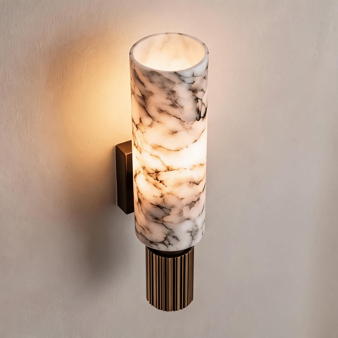 Contemporary Wall Light Wall Mounted Alabaster Cylinder Fluted Copper Base LED Sconce 38cm