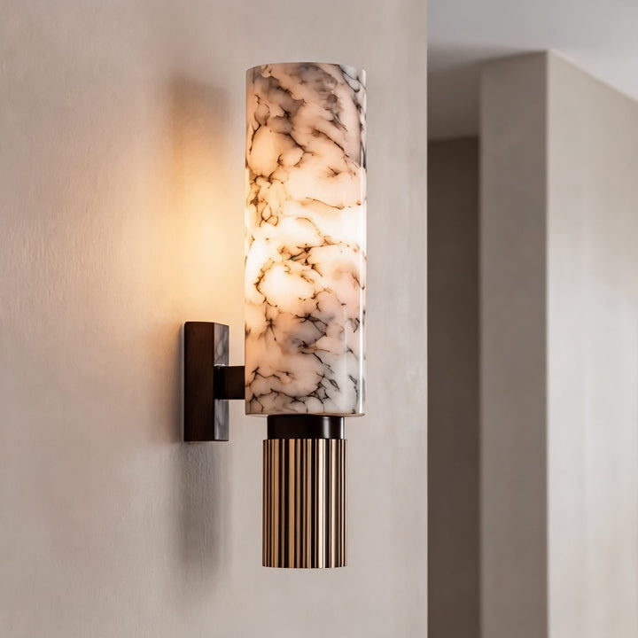 Contemporary Wall Light Wall Mounted Alabaster Cylinder Fluted Copper Base LED Sconce 38cm