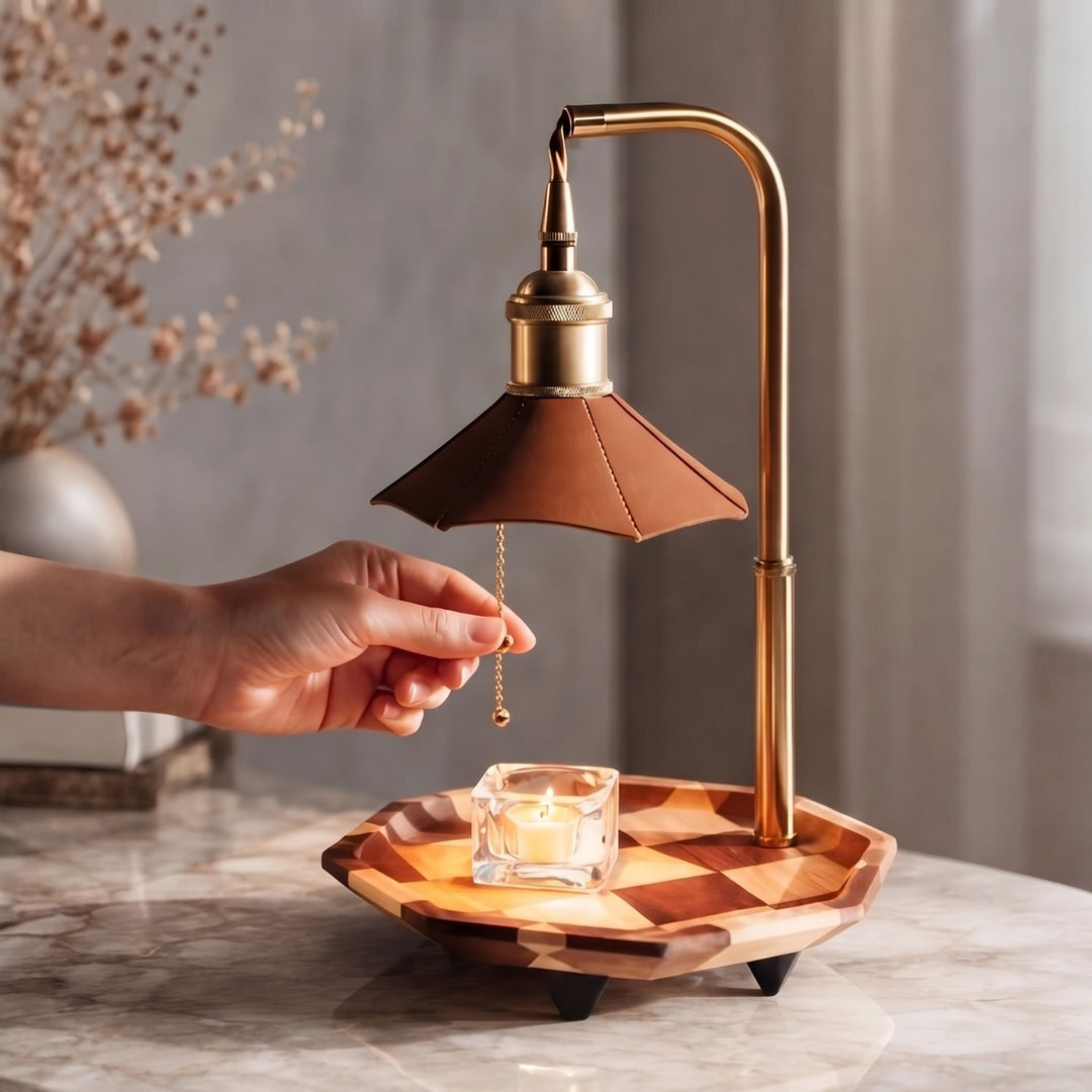 Modern Adjustable Candle Warmer Lamp Table Light Wood Brass Ambient LED Lighting