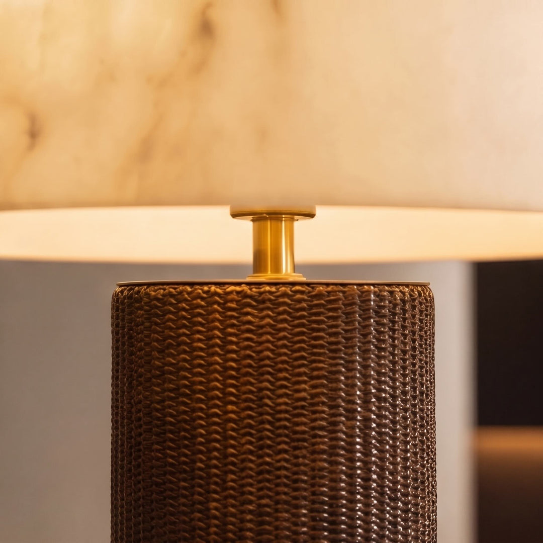 Modern Table Lamp with Cylindrical Leather Base and Faux Alabaster Shade Dimmable for Bedroom Desk Use