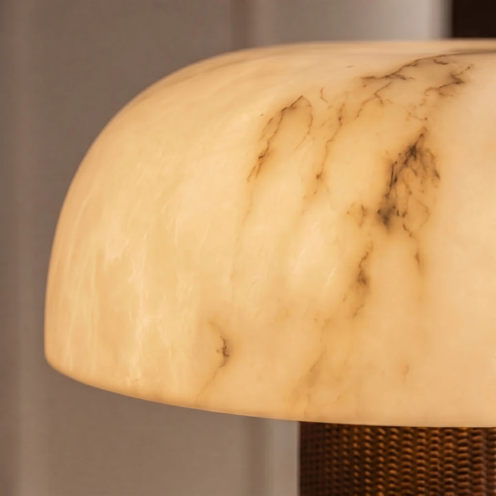 Modern Table Lamp with Cylindrical Leather Base and Faux Alabaster Shade Dimmable for Bedroom Desk Use