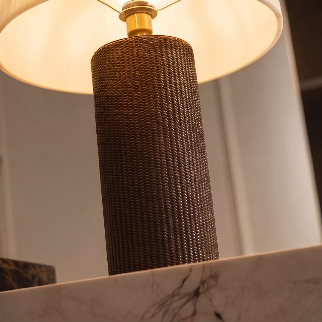 Modern Table Lamp with Cylindrical Leather Base and Faux Alabaster Shade Dimmable for Bedroom Desk Use