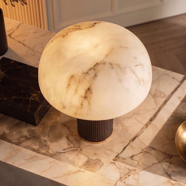 Modern Table Lamp with Cylindrical Leather Base and Faux Alabaster Shade Dimmable for Bedroom Desk Use