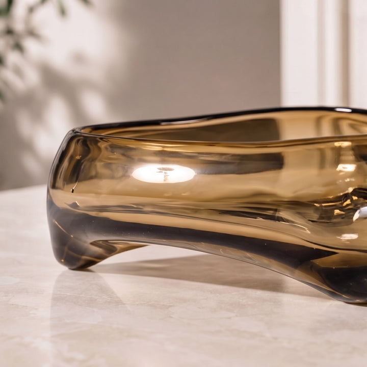Modern Handblown Glass Decorative Bowl Fluid Design Soft Brown Versatile Centerpiece