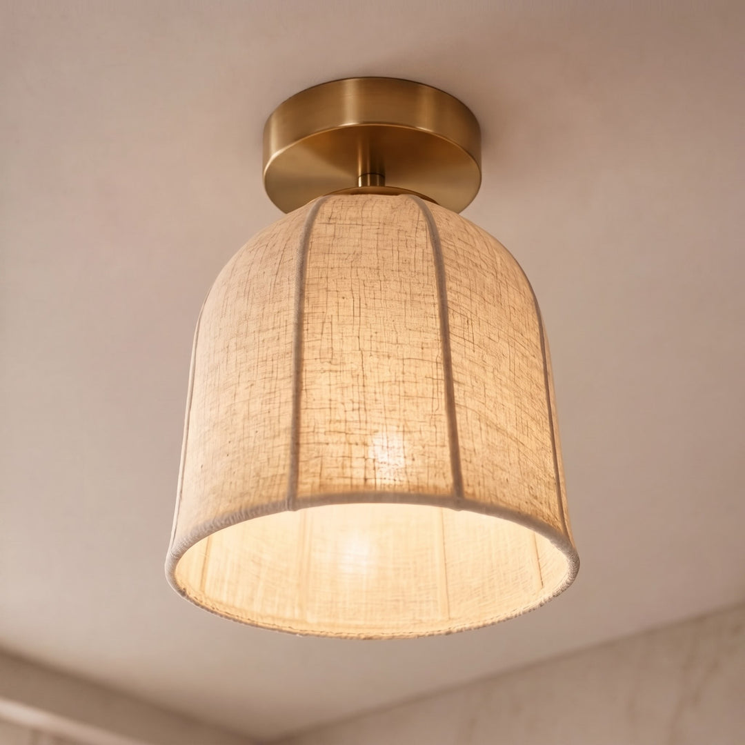 Rustic Flush Mount Ceiling Light with Linen Shade and Warm Gold Accents for Bedroom Lighting