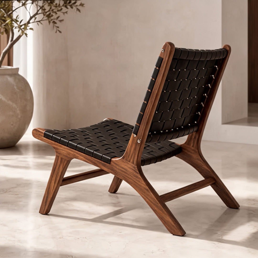 Modern Woven Leather Accent Chair with Solid Wood Frame and 107-Degree Recline