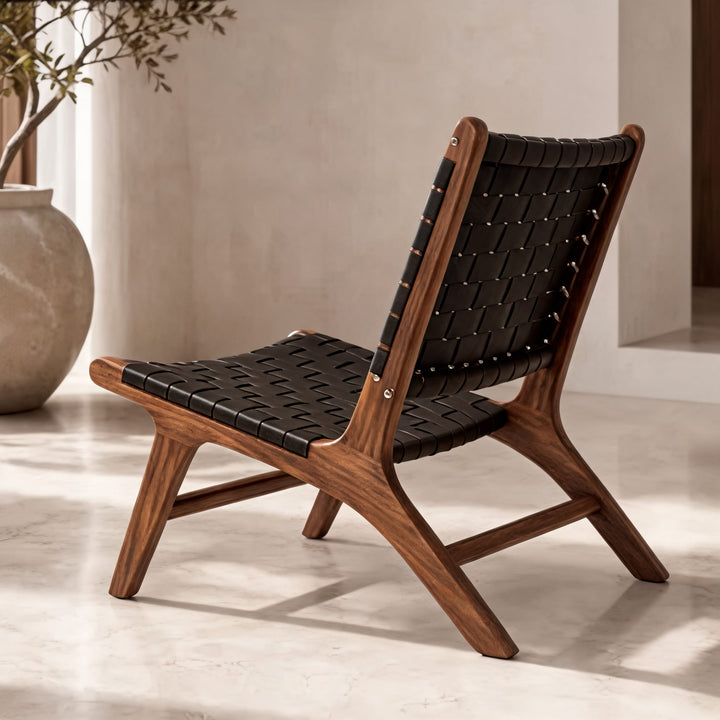 Modern Woven Leather Accent Chair with Solid Wood Frame and 107-Degree Recline