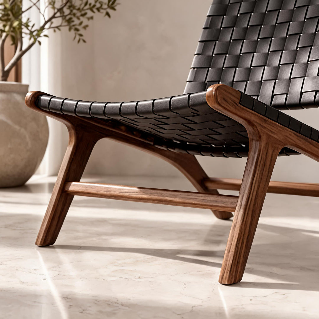Modern Woven Leather Accent Chair with Solid Wood Frame and 107-Degree Recline