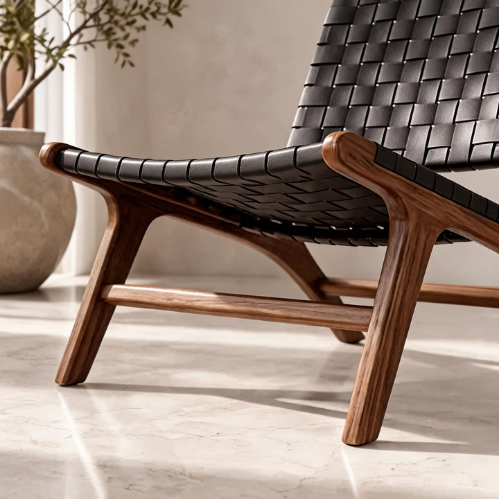 Modern Woven Leather Accent Chair with Solid Wood Frame and 107-Degree Recline