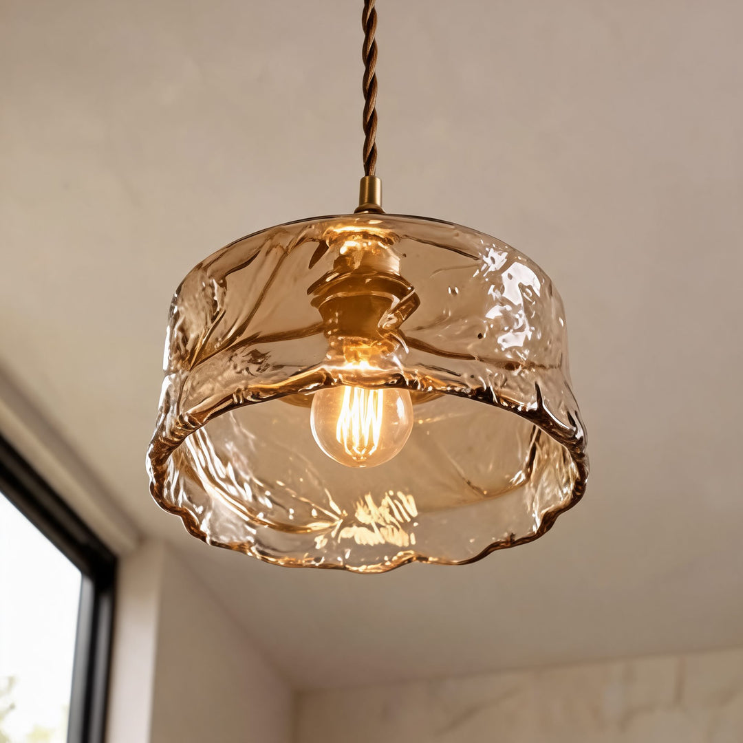Vintage Brass Pendant Lamp with Adjustable Hanging Amber Glass Shade for Modern Pendant Lighting