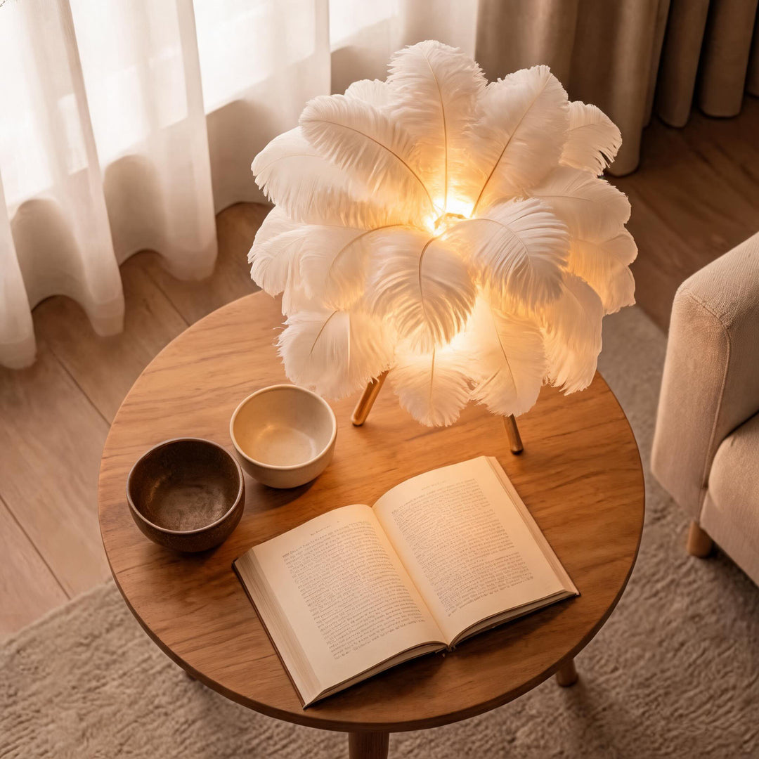 Nordic Style Table Lamp Adjustable USB Powered LED with Feather Shade for Bedroom or Desk