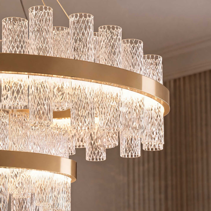 Modern Chandelier Light Adjustable Hanging Fixture Stainless Steel Frame Crackled Glass Shade LED