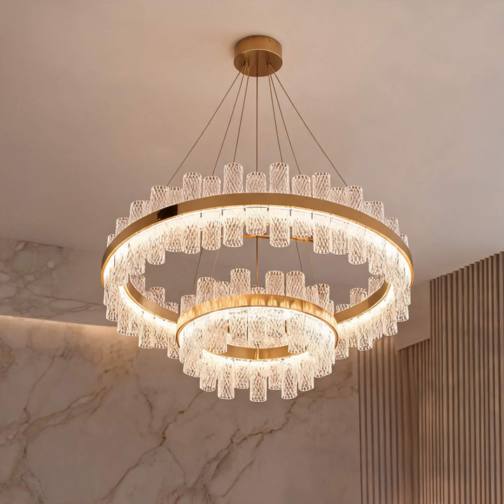 Modern Chandelier Light Adjustable Hanging Fixture Stainless Steel Frame Crackled Glass Shade LED
