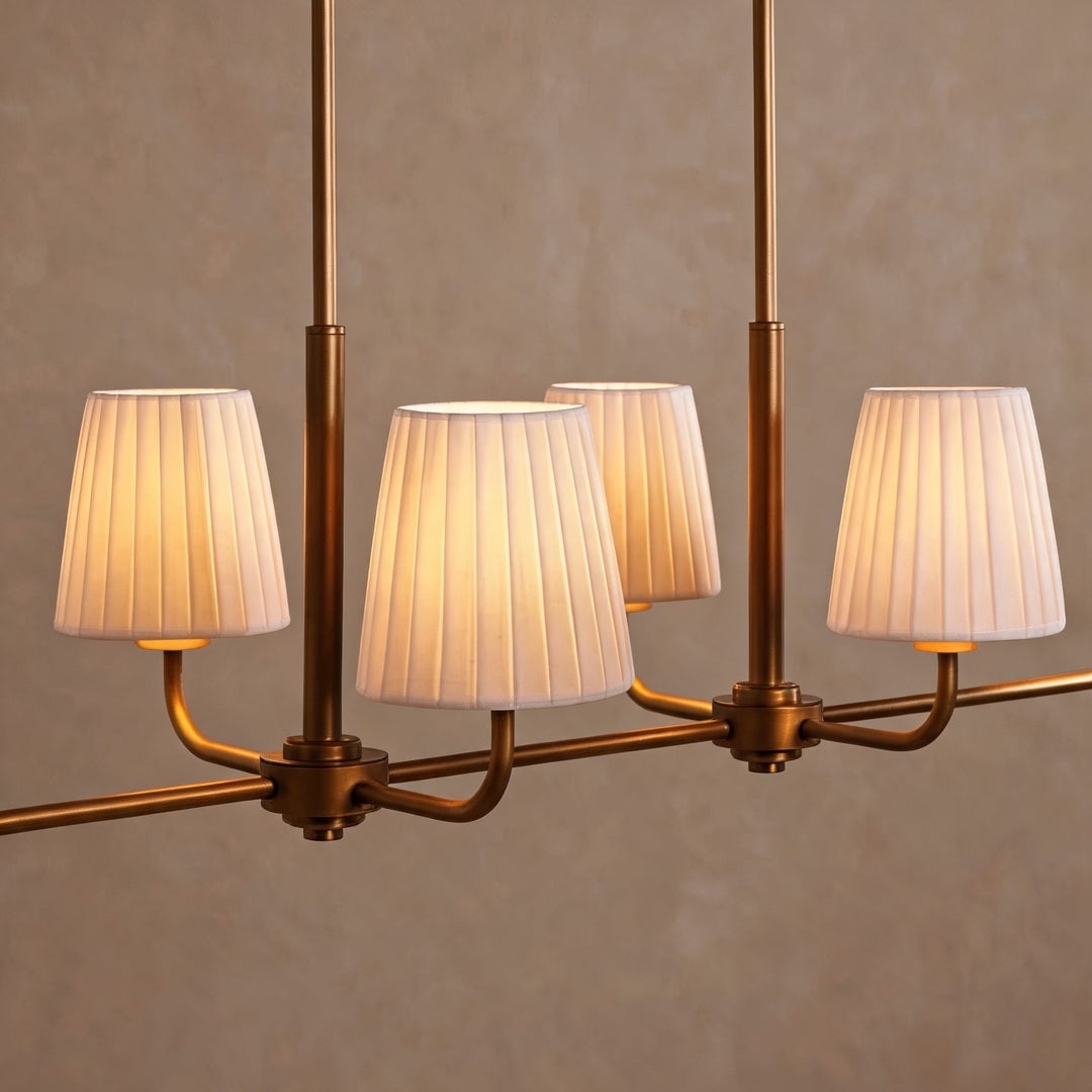 Luxury Brass Linear Chandelier with 6 Pleated Fabric Shades – Modern Adjustable Dining Room & Kitchen Island Pendant Light