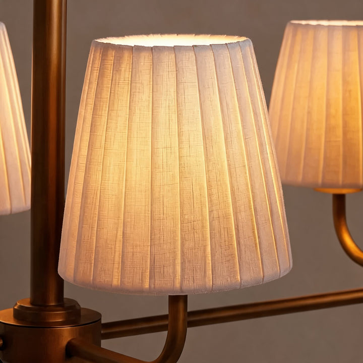 Luxury Brass Linear Chandelier with 6 Pleated Fabric Shades – Modern Adjustable Dining Room & Kitchen Island Pendant Light