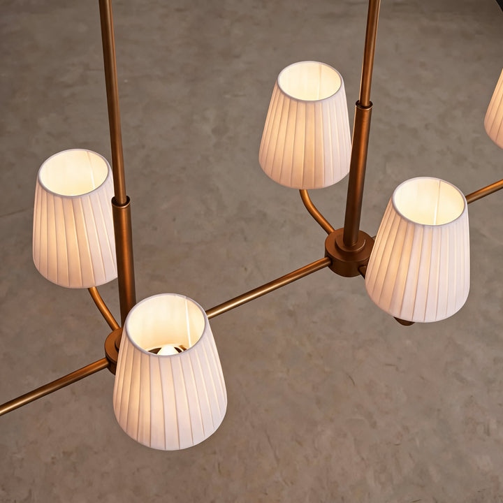 Luxury Brass Linear Chandelier with 6 Pleated Fabric Shades – Modern Adjustable Dining Room & Kitchen Island Pendant Light