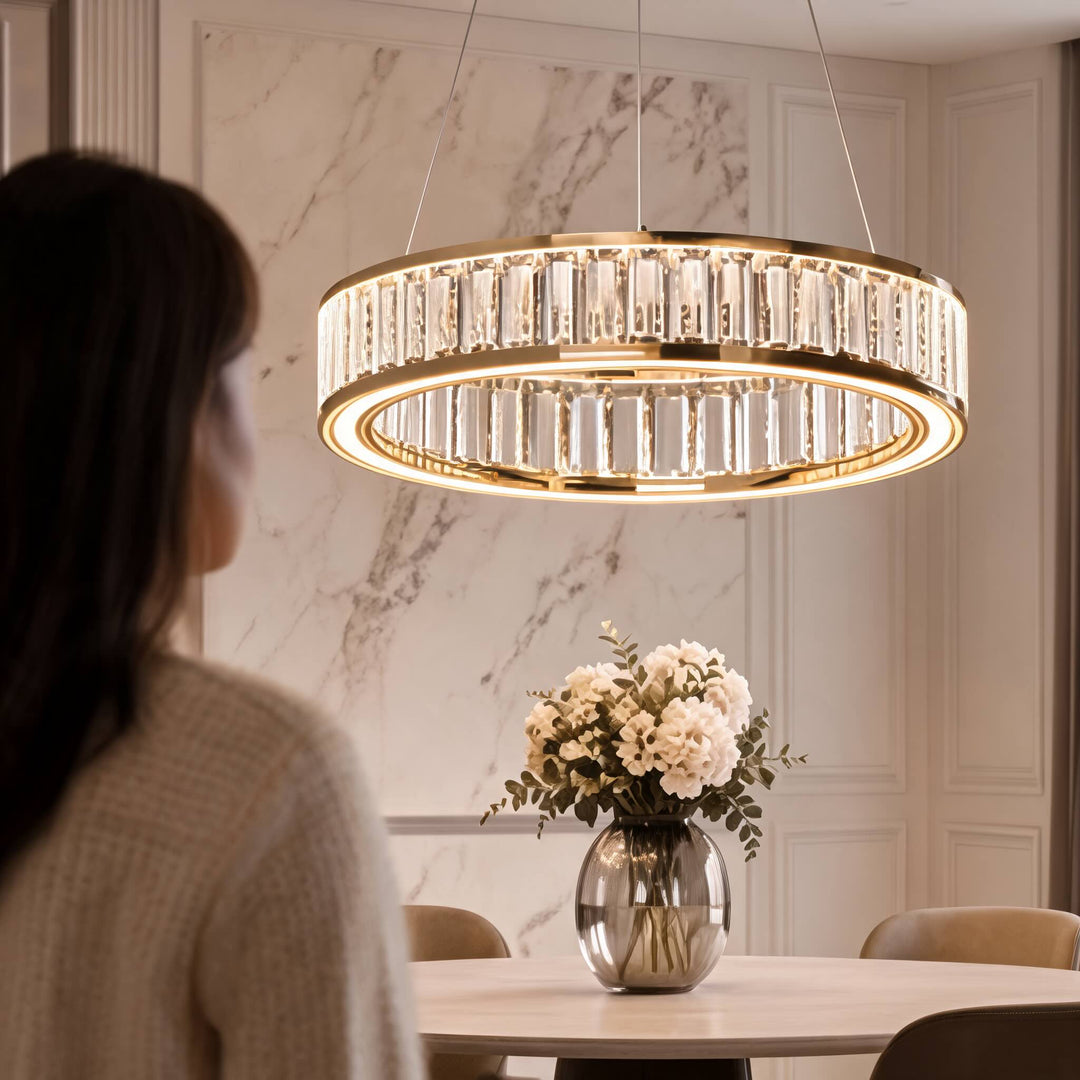 Modern Crystal Chandelier Hanging Light Adjustable LED Gold Aluminum Frame Three-Color Dimming