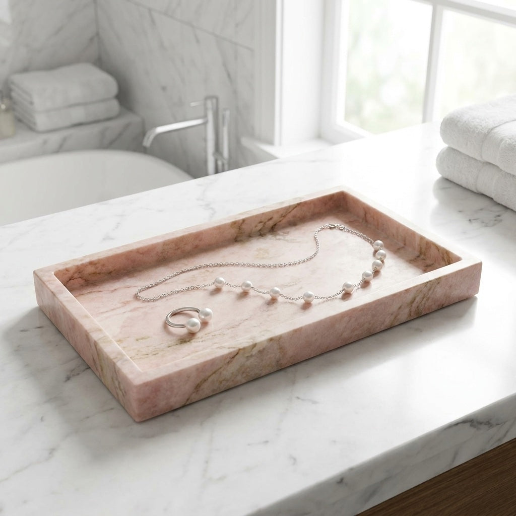 Natural Pink Marble Tray Decorative Serving Dish Jewelry Organizer