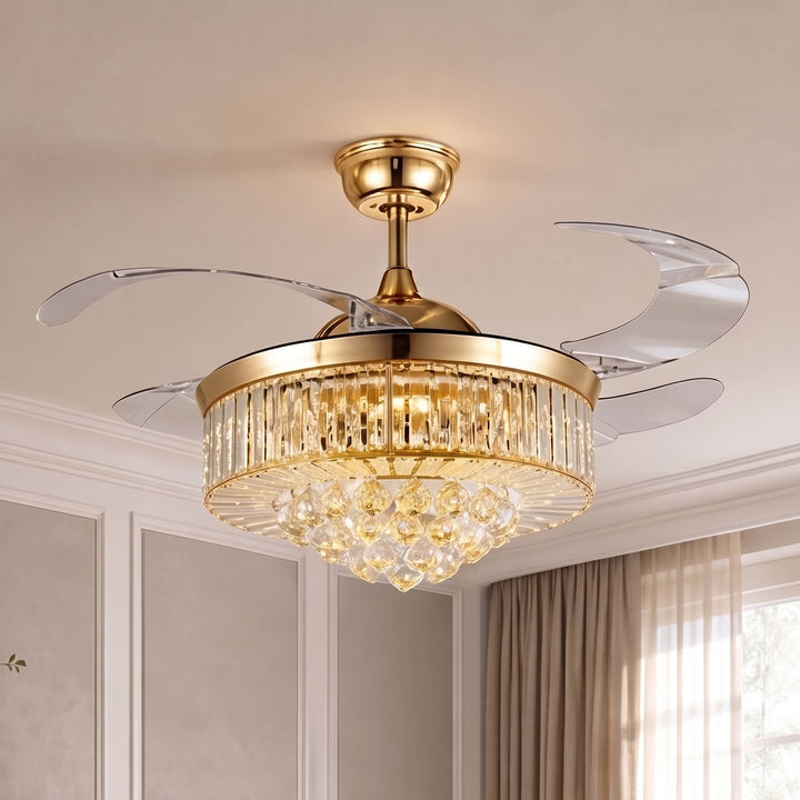 European Ceiling Fan with Lights Flush Mount Crystal Shade Dimmable LED 48W 4 Blades