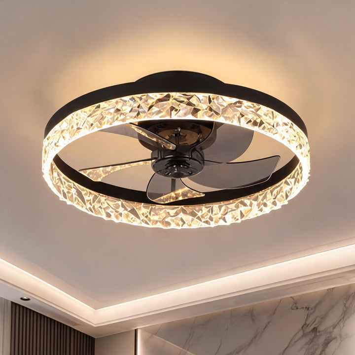 Retro Flush Mount Ceiling Fan with Lights Iron Frame Adjustable LED Color Temperature 3 Speed 1400LM
