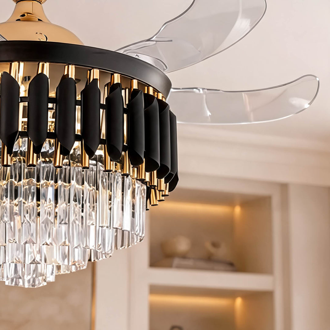 Modern Black Ceiling Fan with Lights Flush Mount Crystal Blades Dimmable LED Quiet Motor