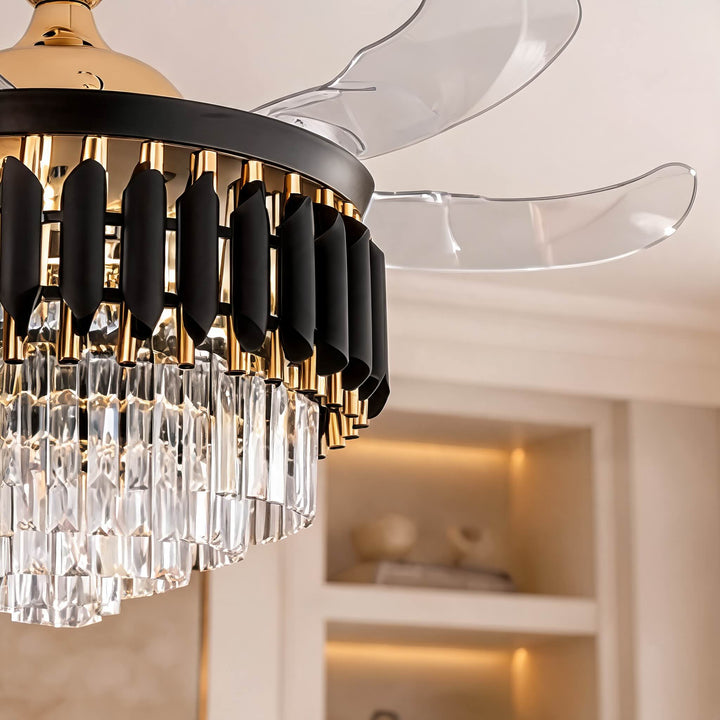 Modern Black Ceiling Fan with Lights Flush Mount Crystal Blades Dimmable LED Quiet Motor