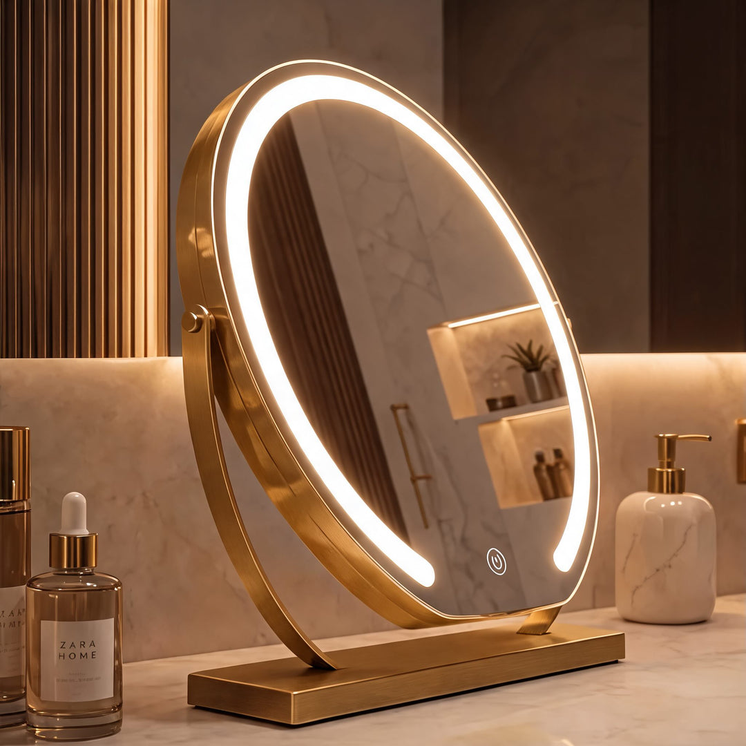Modern Makeup Mirror with Lights Tabletop Adjustable 15x Magnification LED Energy Efficient
