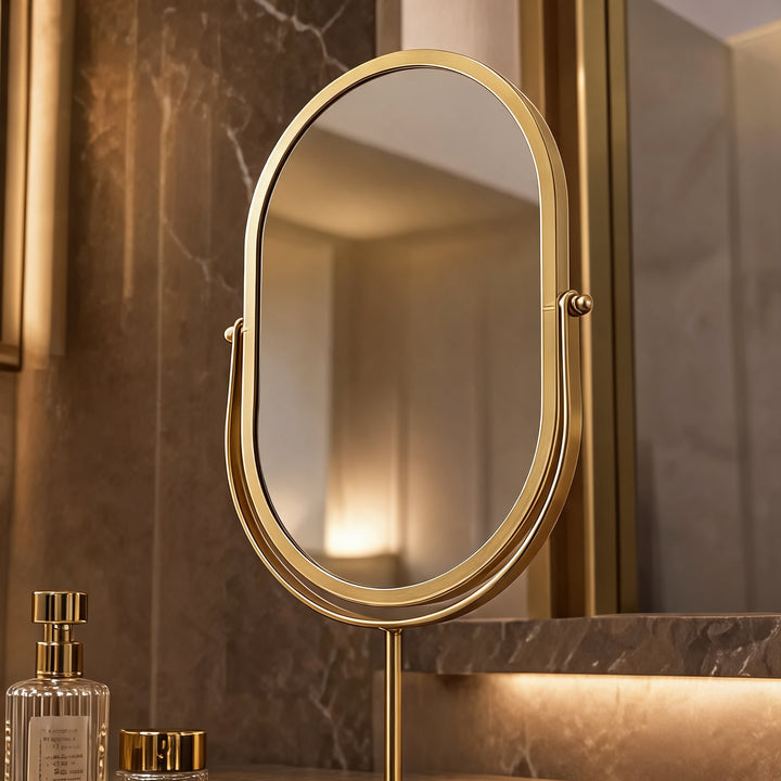 Modern Oval Makeup Mirror 360° Rotating Desktop Stand Wrought Iron Frame with HD Glass