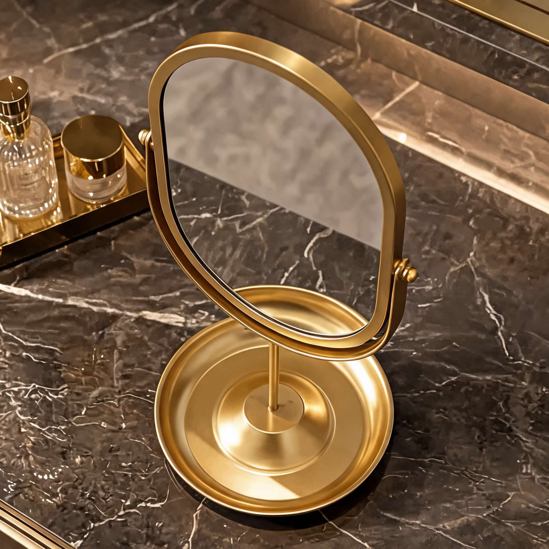 Modern Oval Makeup Mirror 360° Rotating Desktop Stand Wrought Iron Frame with HD Glass