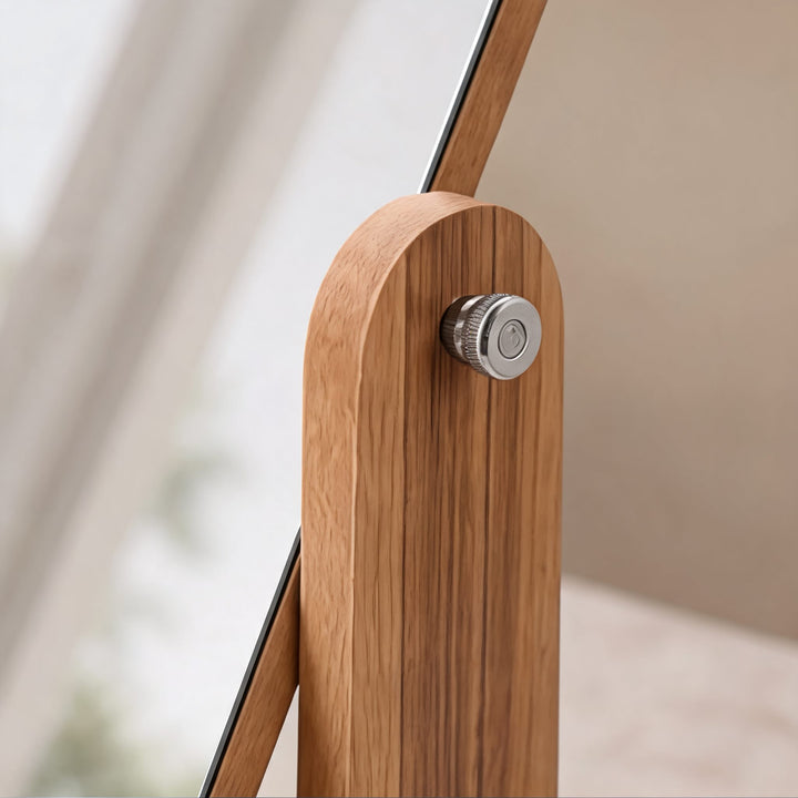 Modern Wooden Makeup Mirror 360° Rotating Compact Design with Solid Base for Vanity Use