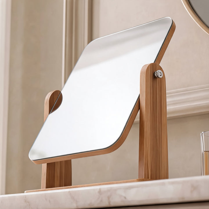 Modern Wooden Makeup Mirror 360° Rotating Compact Design with Solid Base for Vanity Use