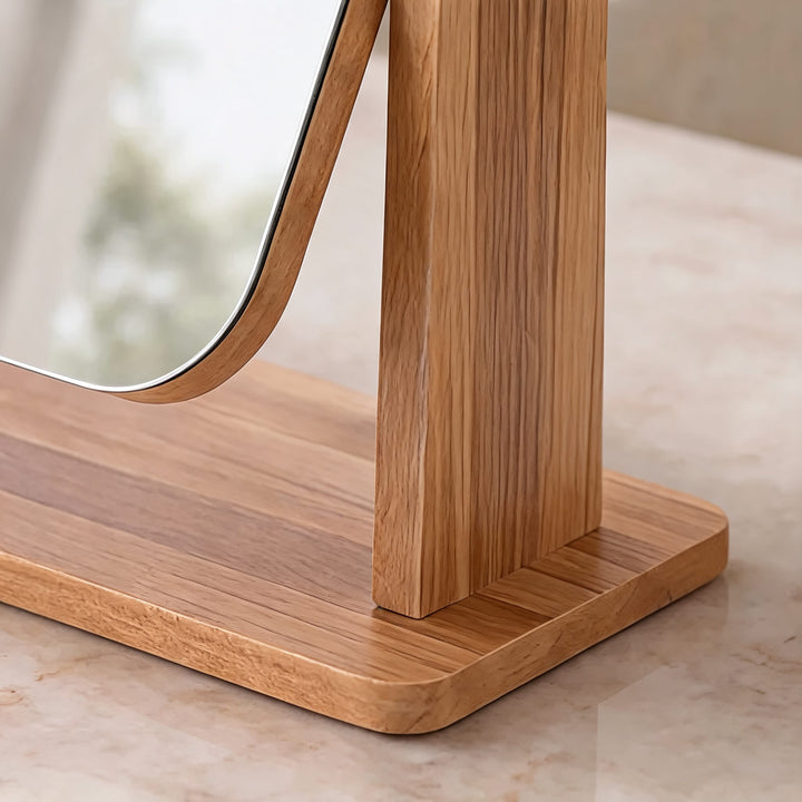Modern Wooden Makeup Mirror 360° Rotating Compact Design with Solid Base for Vanity Use