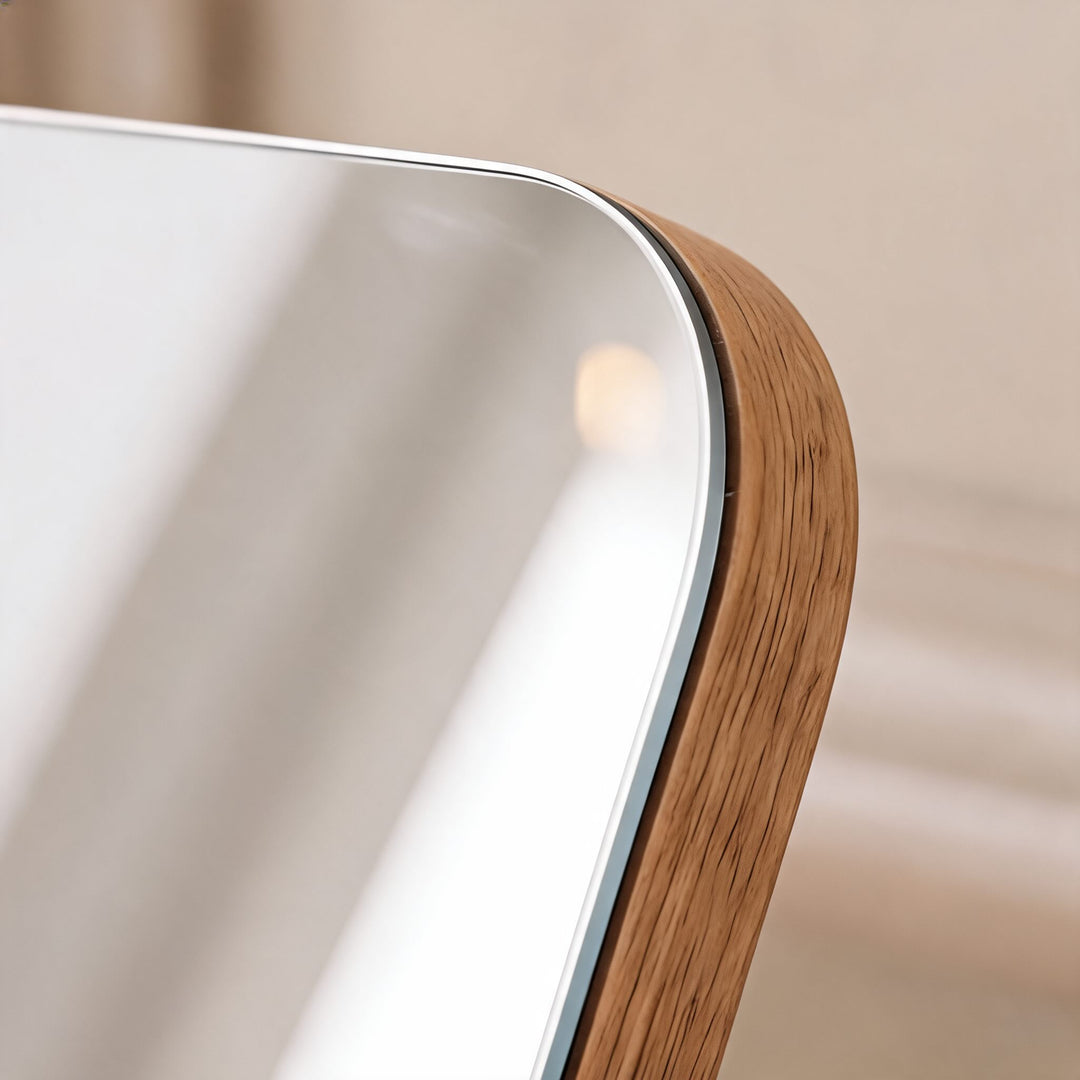 Modern Wooden Makeup Mirror 360° Rotating Compact Design with Solid Base for Vanity Use