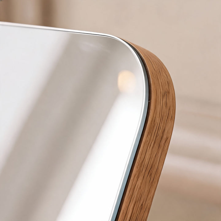Modern Wooden Makeup Mirror 360° Rotating Compact Design with Solid Base for Vanity Use