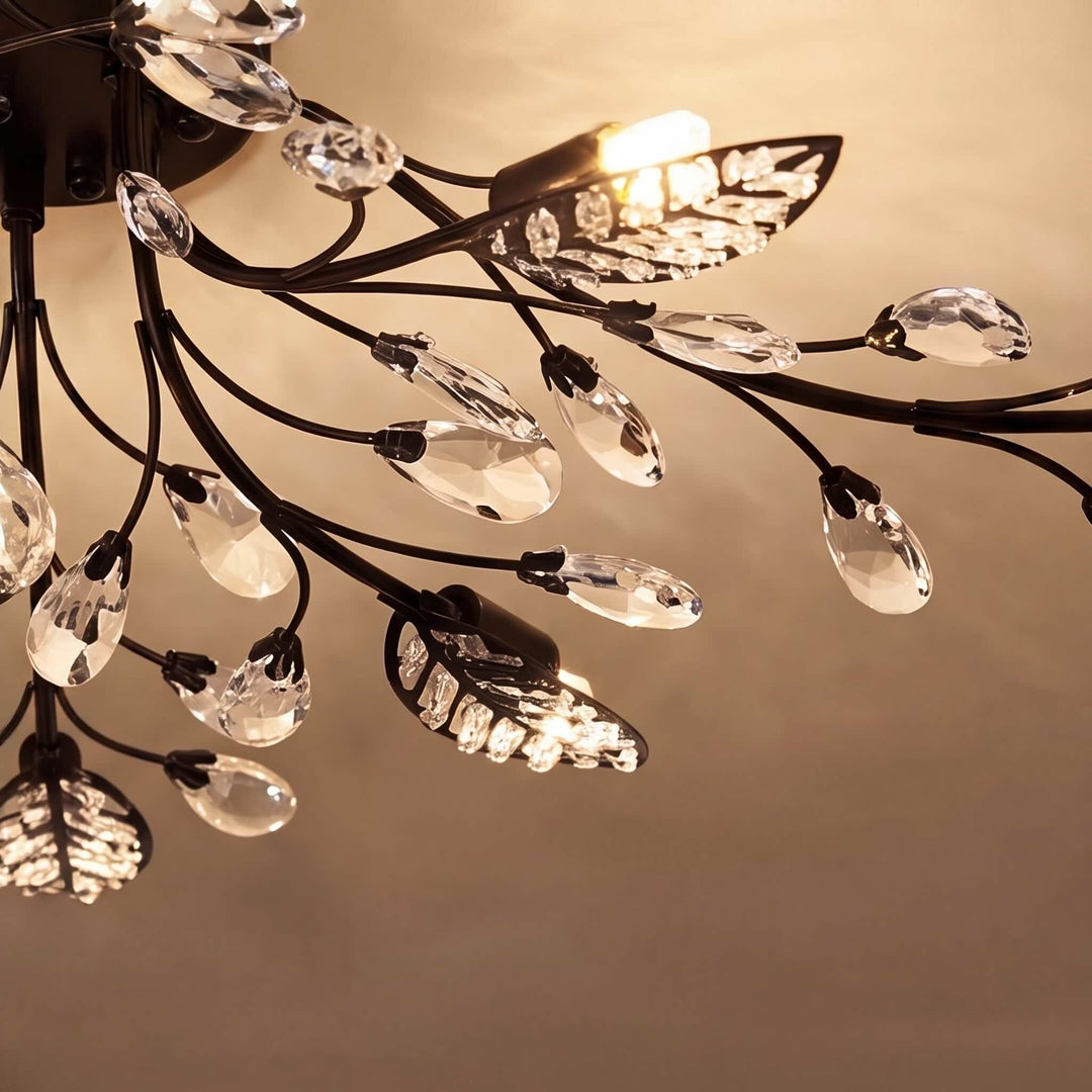 Modern Crystal Chandelier Semi-Flush Mount Iron 8-Light LED Fixture with Elegant Leaf Design